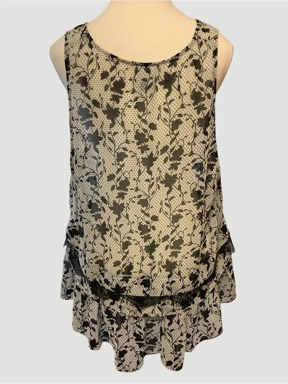 Cabi Black & White Floral Polka Dot Layered Tunic Blouse XL Lace Hem Boho Chic - Picture 3 of 10